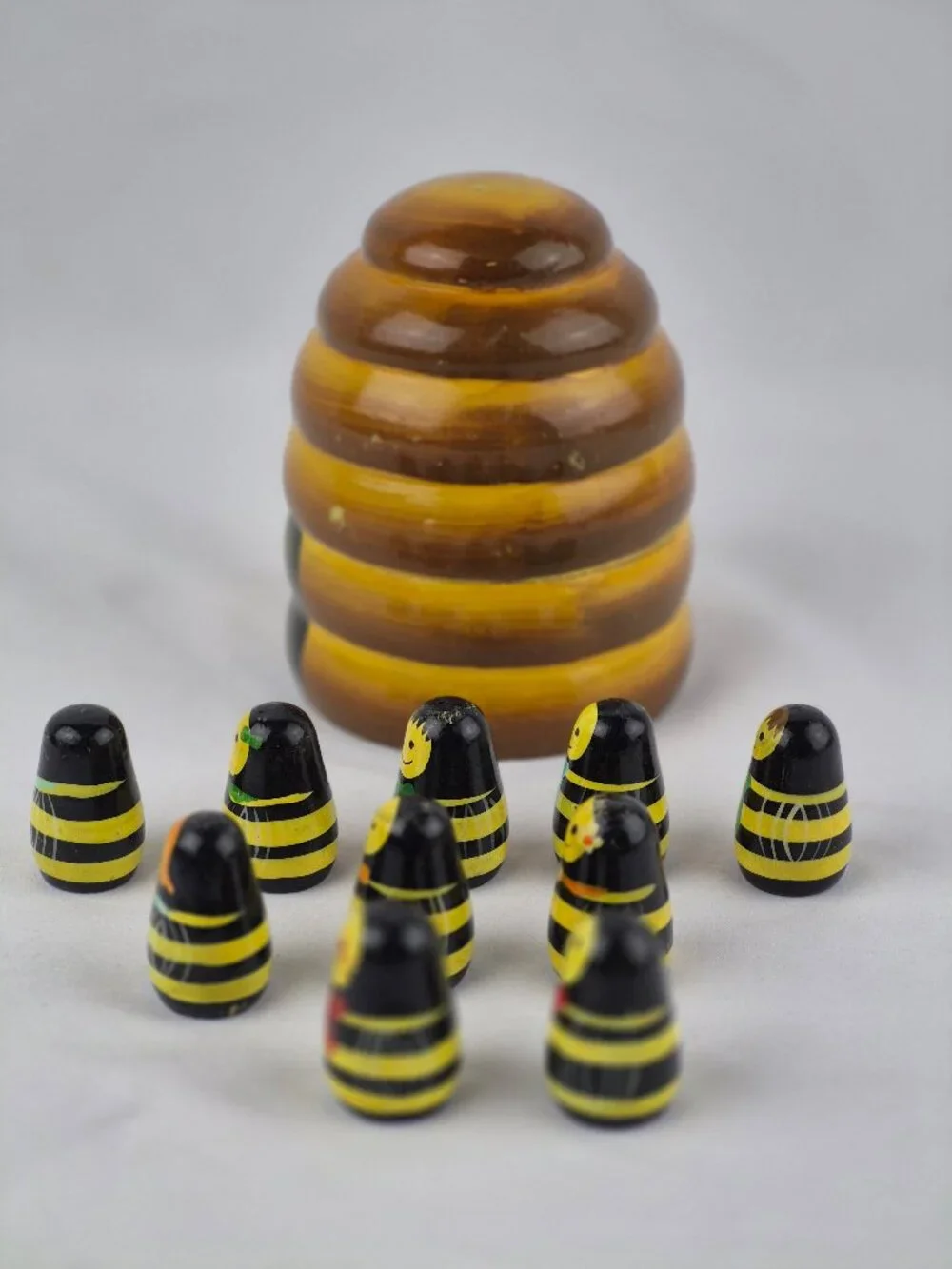 Hand Painted Ten Wooden Nesting Bees with Bee Hive